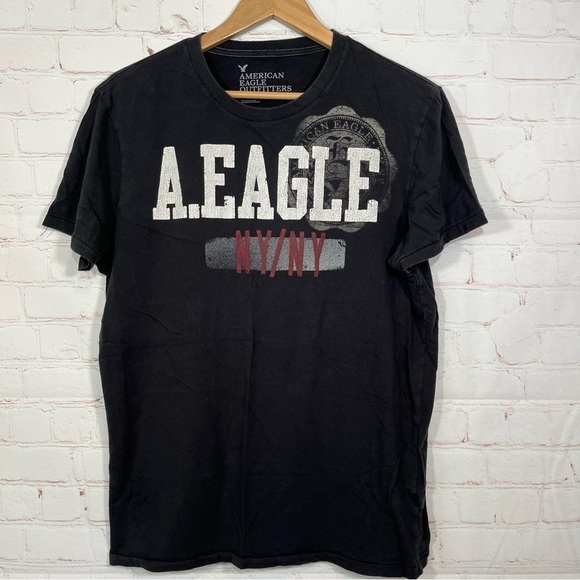 American Eagle T Shirt Mens Large Black Spell Out Logo - Picture 1 of 6